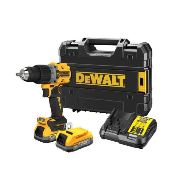 DEWALT DCD805E2T-GB 18V XR brushless hammer drill driver featuring a 13mm metal chuck, 3-position pivoting LED work light, and two 1.7Ah PowerStack batteries with a charger in a TSTAK kit box.