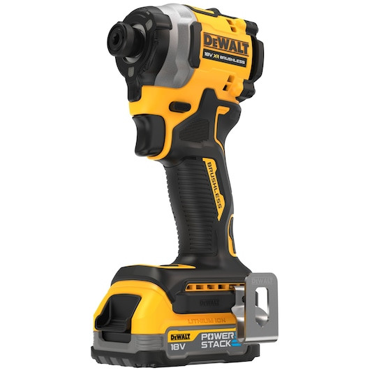 DEWALT DCF850E2T-GB 18V XR brushless ultra-compact impact driver, measuring only 100mm in length, shown with two 1.7Ah PowerStack batteries, a charger, and a TSTAK carry case.