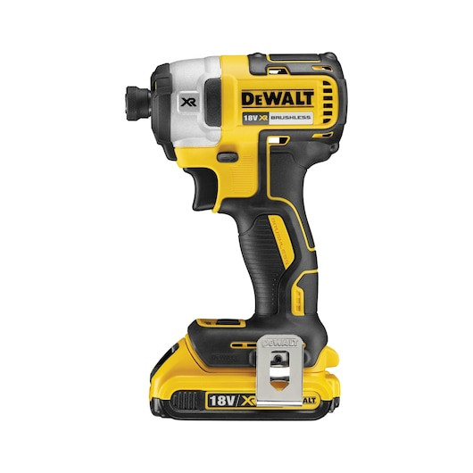 DEWALT DCF887D2-GB 18V XR brushless 3-speed impact driver featuring a 3 LED "Halo" light ring and a compact 1/4" bit holder, shown with two 2.0Ah batteries and a charger in a TSTAK kit box.