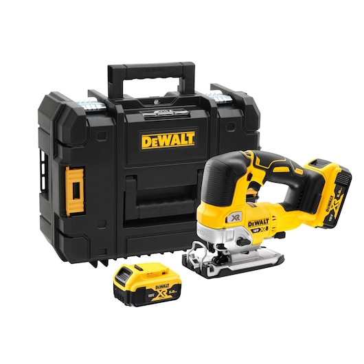 DEWALT DCS334P2-GB 18V XR Brushless Jigsaw with top handle design, featuring a tool-free blade clamp, 4-position orbital action, and two 5.0Ah batteries with a charger in a TSTAK case.