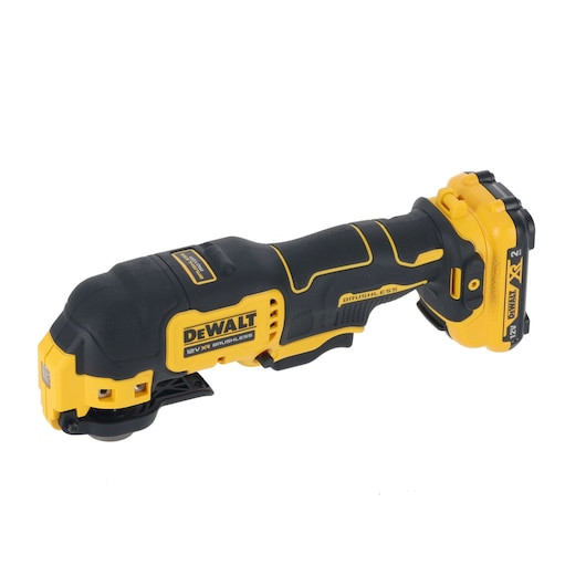 DEWALT DCS353D2-GB 12V XR brushless cordless oscillating multi-tool featuring a slim ergonomic grip, bright LED work light, and a universal accessory adapter, shown with two 12V batteries and a charger.
