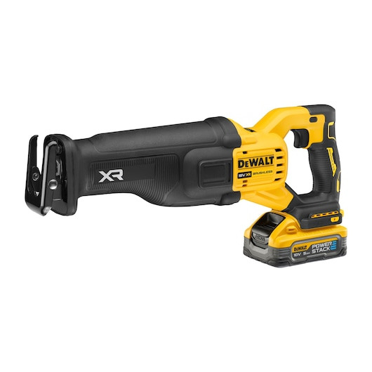 DEWALT DCS386H2T-GB 18V XR Brushless Reciprocating Saw featuring a 2-position blade clamp, LED work light, and two 5Ah PowerStack batteries with a multi-voltage charger in a TSTAK kit box.