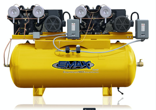 EMAX Silent Air 15hp 1PH 120 gallon Horizontal Duplex mounted alternating Piston Compressor -With Pressure Lube Pump