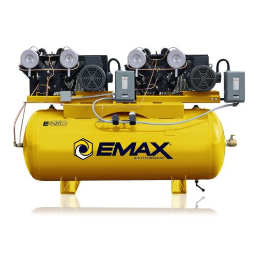 EMAX Silent 20hp V4 3PH 120 gallon Horizontal Duplex mounted alternating Piston Compressor -With Pressure Lube Pump
