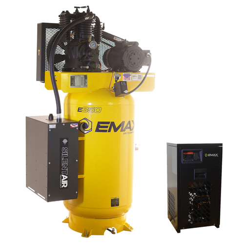 EMAX Silent Industrial Plus 5 HP 1- Phase 2-Stage 80 Gal. Vertical Compressor with 30 CFM Dryer Bundle-With Pressure Lube Pump