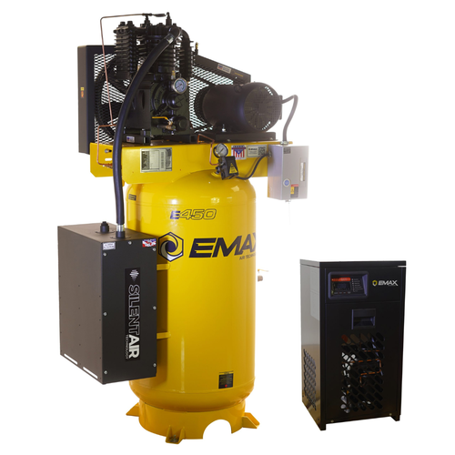 EMAX Silent Industrial Plus 5 HP 3- Phase 2-Stage 80 Gal. Vertical Compressor with 30 CFM Dryer Bundle-With Pressure Lube Pump