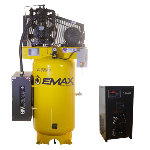EMAX Silent Industrial Plus 5 HP 3- Phase 2-Stage 80 Gal. Vertical Compressor with 30 CFM Dryer Bundle-With Pressure Lube Pump