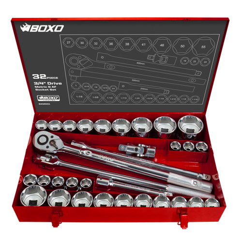 Boxo BXM001 32-Piece Metric & SAE 3/4" Drive 6-Point Socket Set And Ratchet