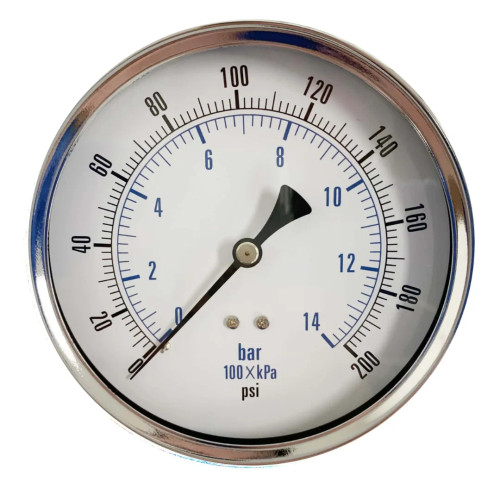 Rapid Air CP-4525-R Pressure Gauge. Rear Mount. 4-1/2" Diameter Face. Dry. 0-200 Psi. 1/4" Male Npt 102D-454G