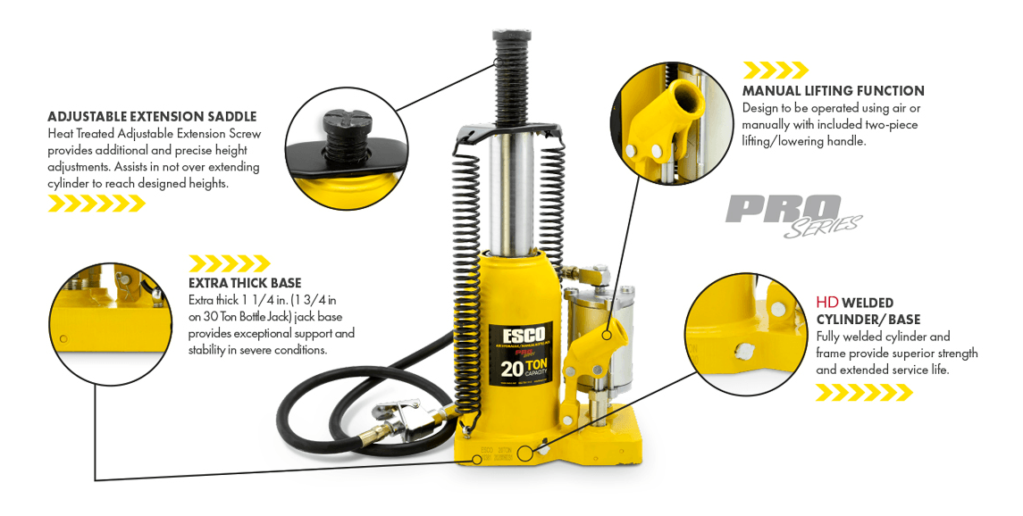 Esco 10381 Bottle Jack, 20 Ton, Air/Hydraulic, Heavy Duty Welded Base