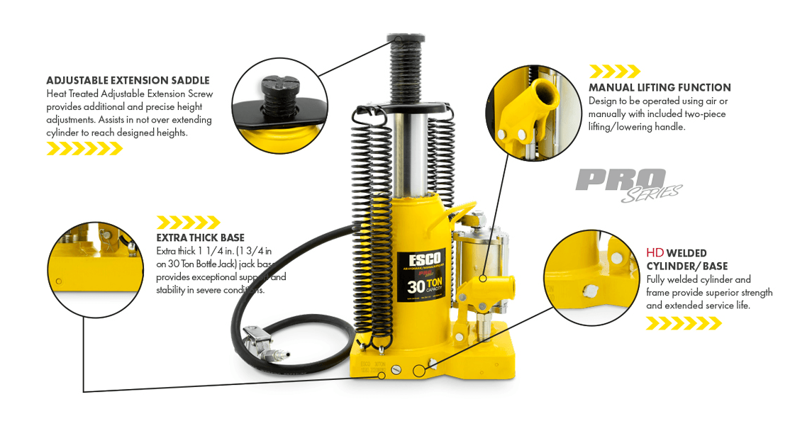 Esco 10383 Bottle Jack, 30 Ton, Air/Hydraulic, Heavy Duty Welded Base