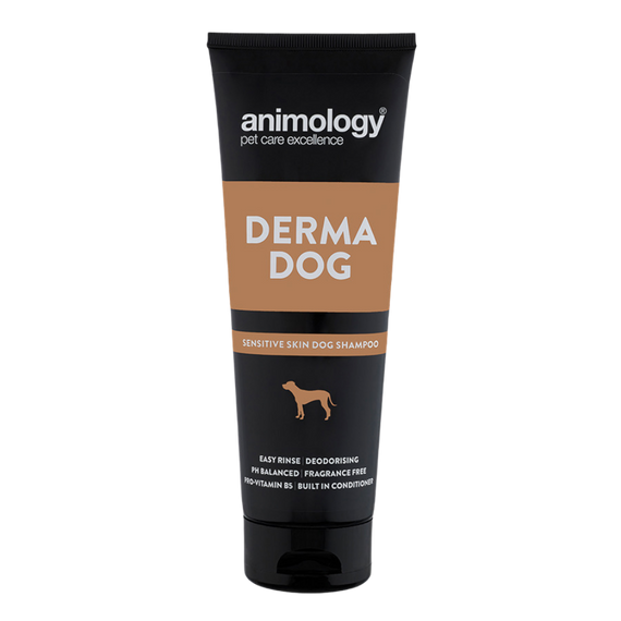 Derma Dog dog shampoo is a mild shampoo that has been specially formulated for sensitive skin, to clean, deodorise and condition. With built in conditioner and pro-vitamin B5, Derma Dog helps to keep your dog’s coat beautifully clean and healthy.

Derma Dog can be used on all coat and skin types, and is suitable for all dogs from 6 weeks old.

All Animology dog shampoos have a mild yet deep cleaning action that removes dirt and odour without stripping the coat of its essential oils. Our ‘easy rinse’ formulation keeps washing time to a minimum, while the built-in conditioner and Pro-Vitamin B5 help to improve the health, strength and condition of your dog’s coat.