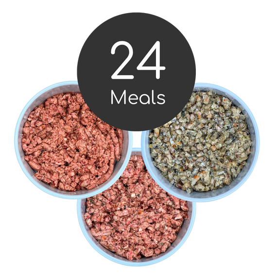A combination of 24 meals, sold in 8 x 500g bundles.