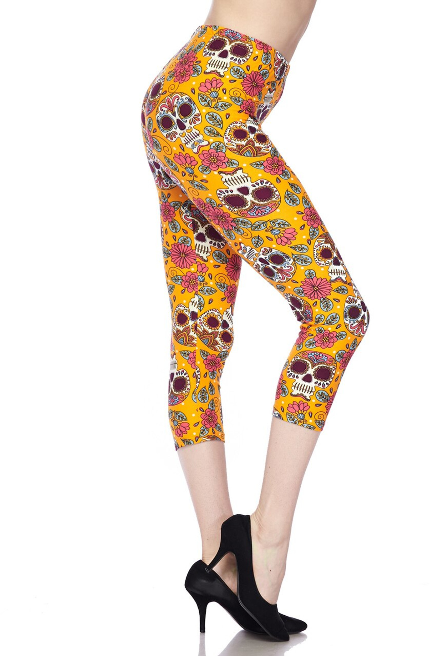 Soft Brushed Mustard Summer Sugar Skull Capris