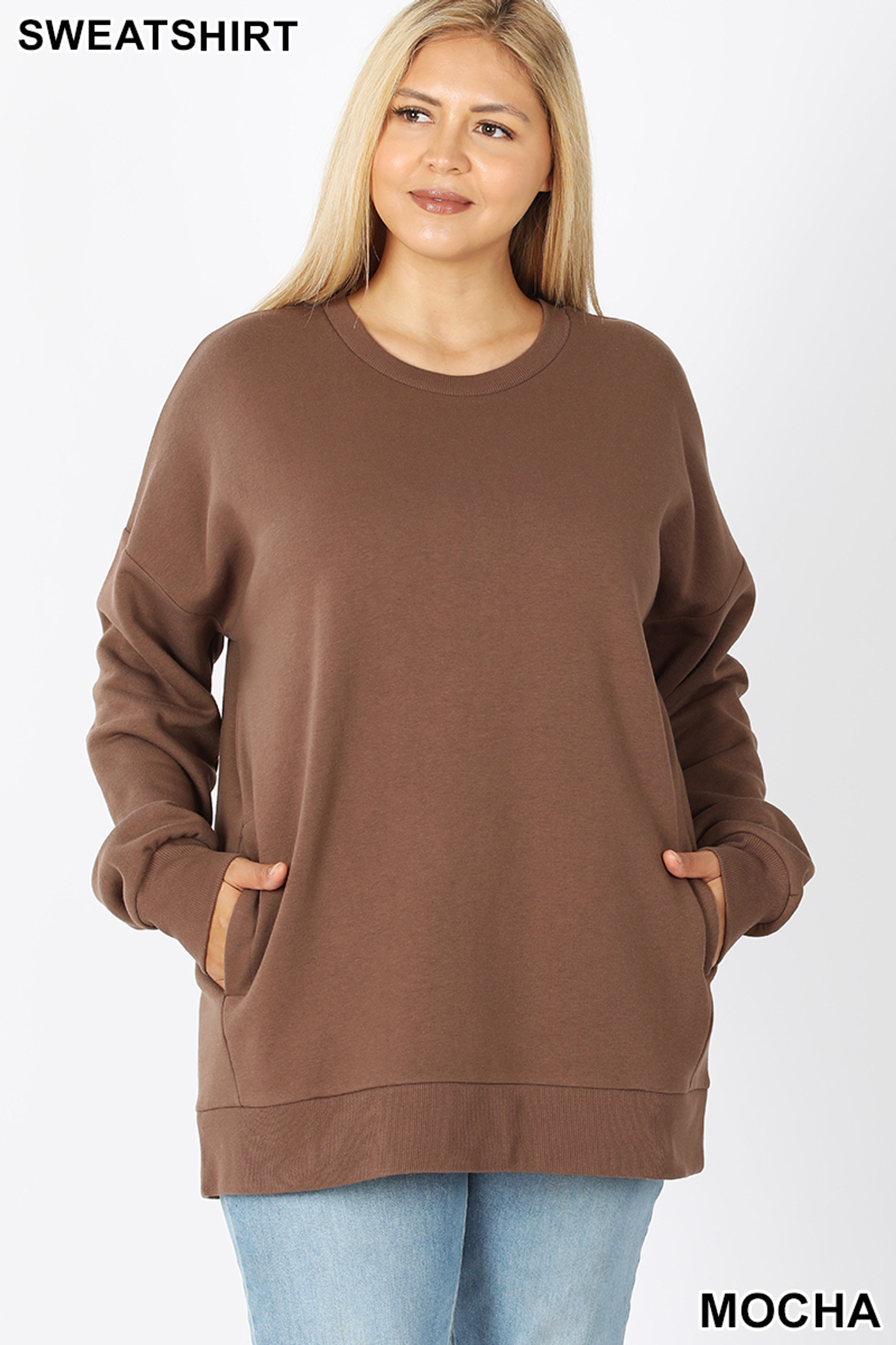 Round Crew Neck Plus Size Sweatshirt with Side Pockets | Only Leggings