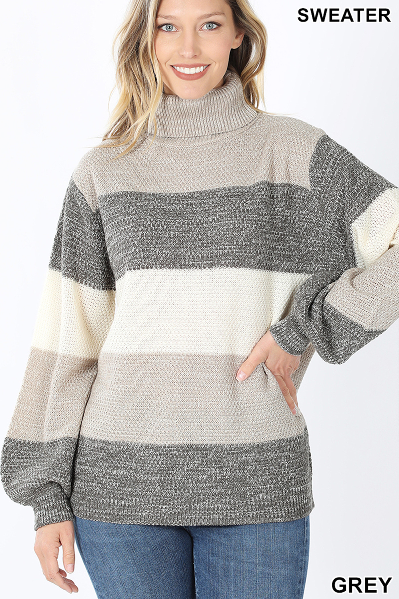 Front image of Grey Color Block Striped Turtle Neck Balloon Sleeve Sweater