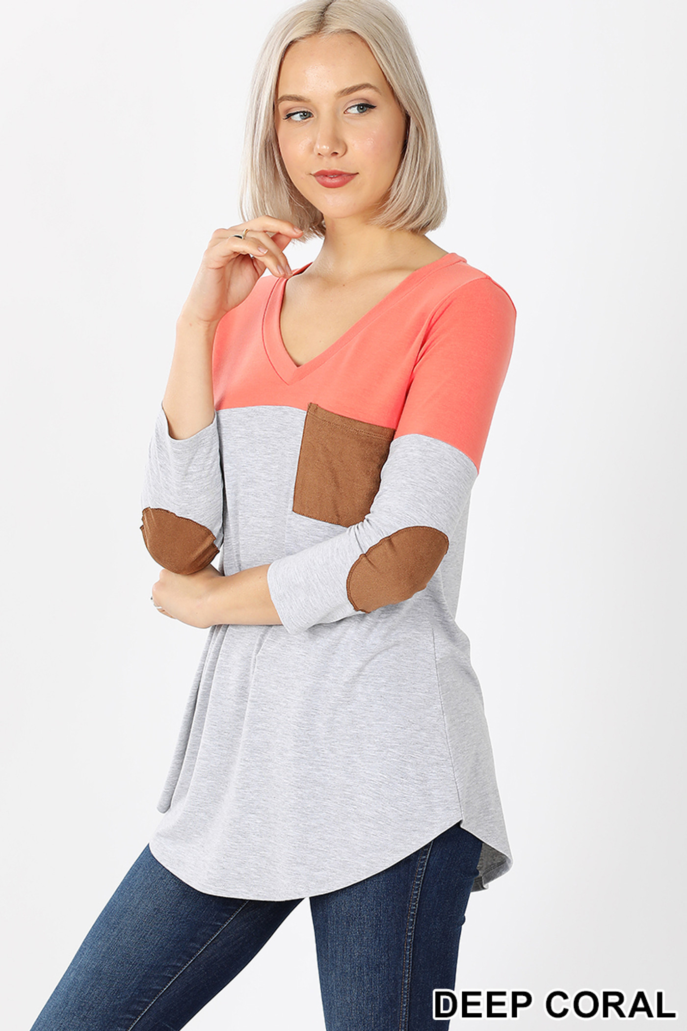 45 degree left view of Deep Coral Color Block V-Neck 3/4 Sleeve Top with Front Pocket