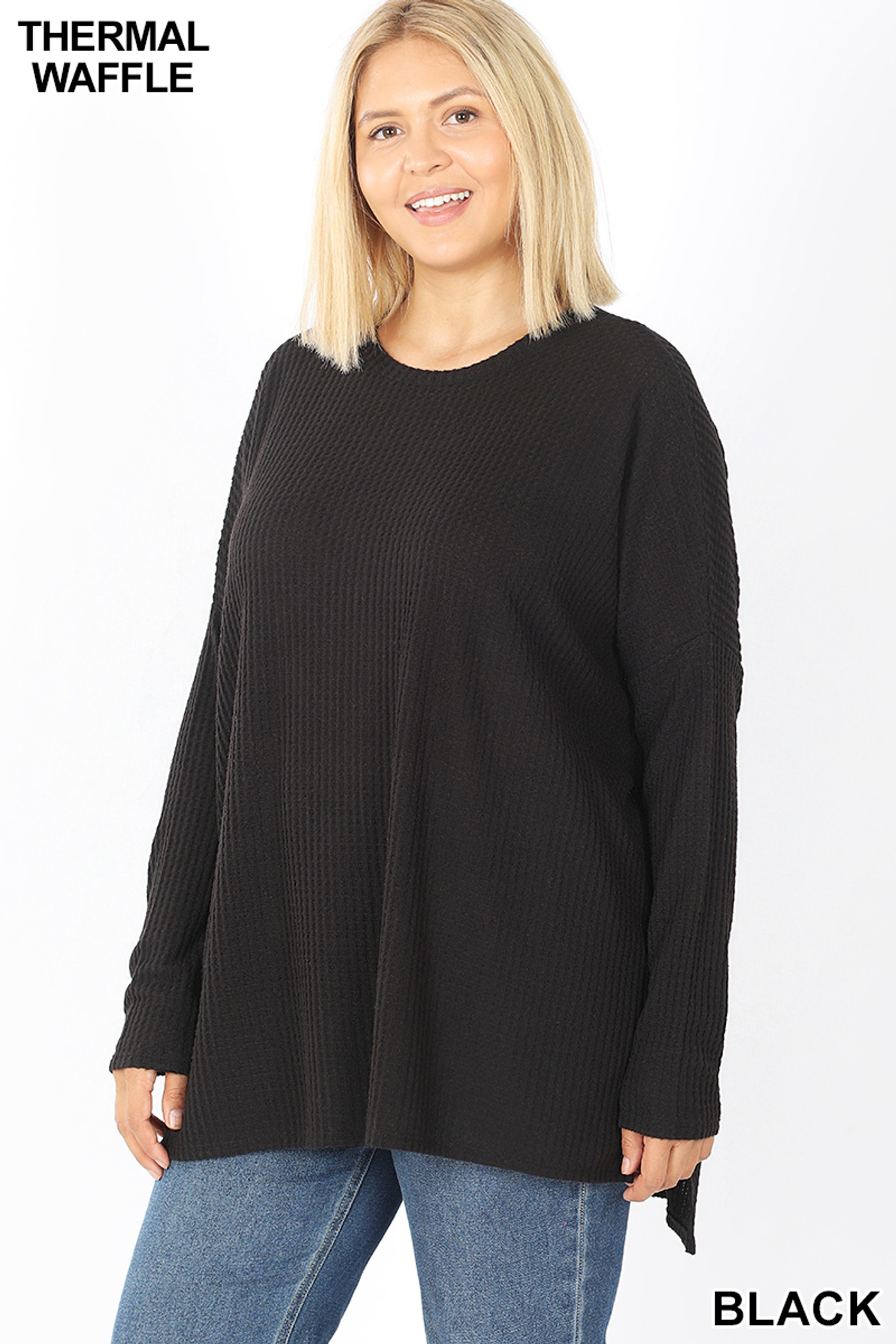 Brushed Thermal Waffle Knit Round Neck Hi-Low Plus Size Sweater