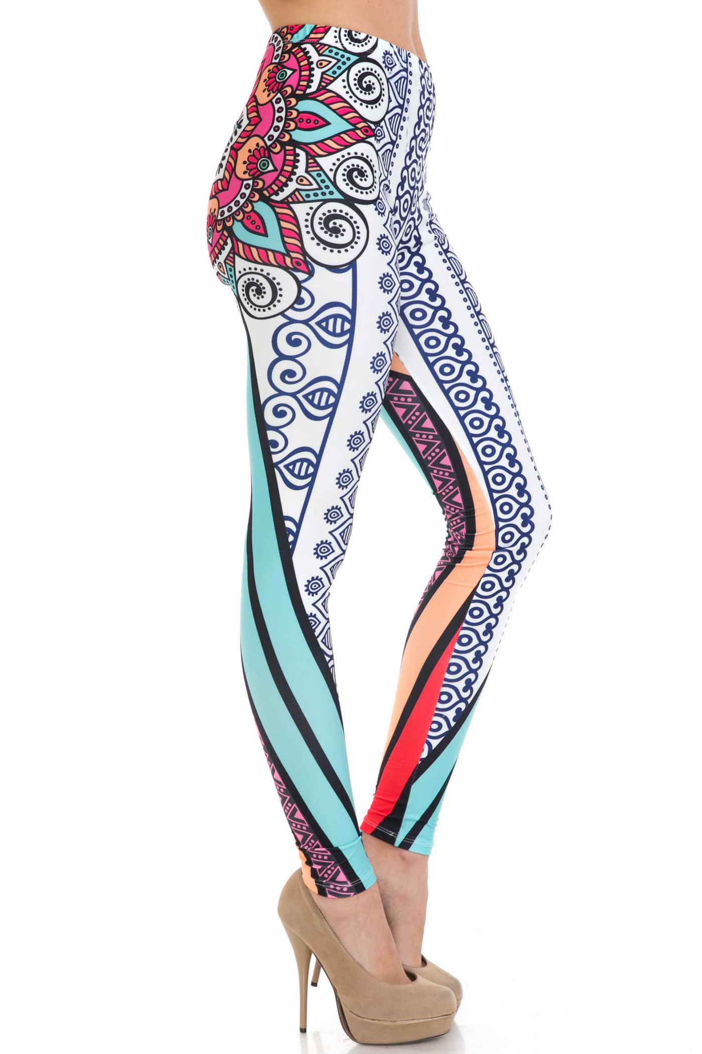 Yoga leggings - white blue mandala - plus size