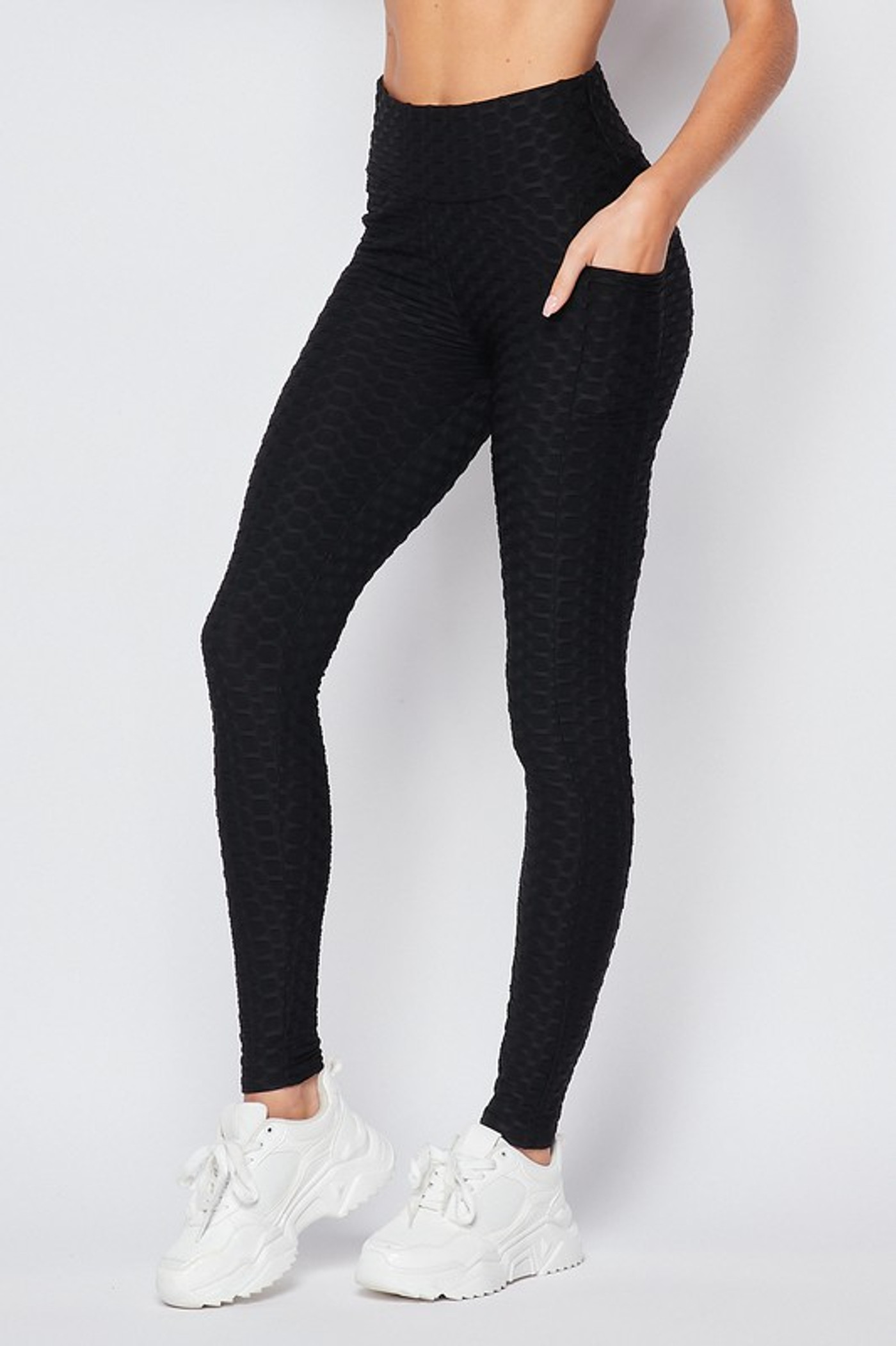 Left side of Black Scrunch Butt Popcorn Textured High Waisted Leggings with Pockets - Zinati (W&J)