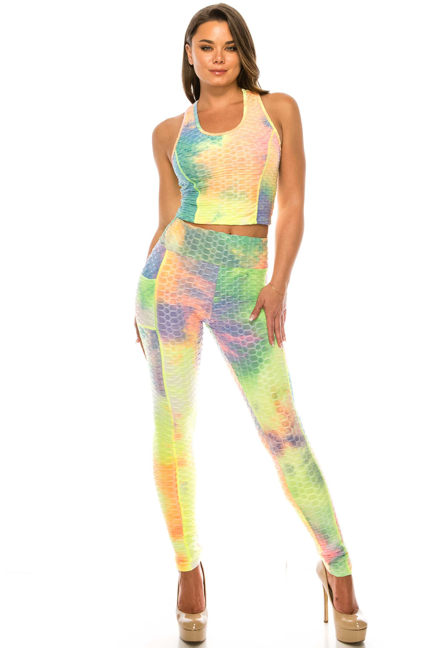 2 Piece Scrunch Butt Sport Leggings and Crop Top Set with Pockets