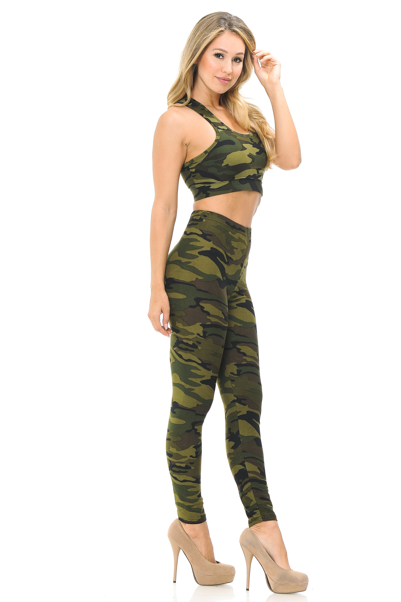 Buttery Smooth Green Camouflage Leggings and Bra Set
