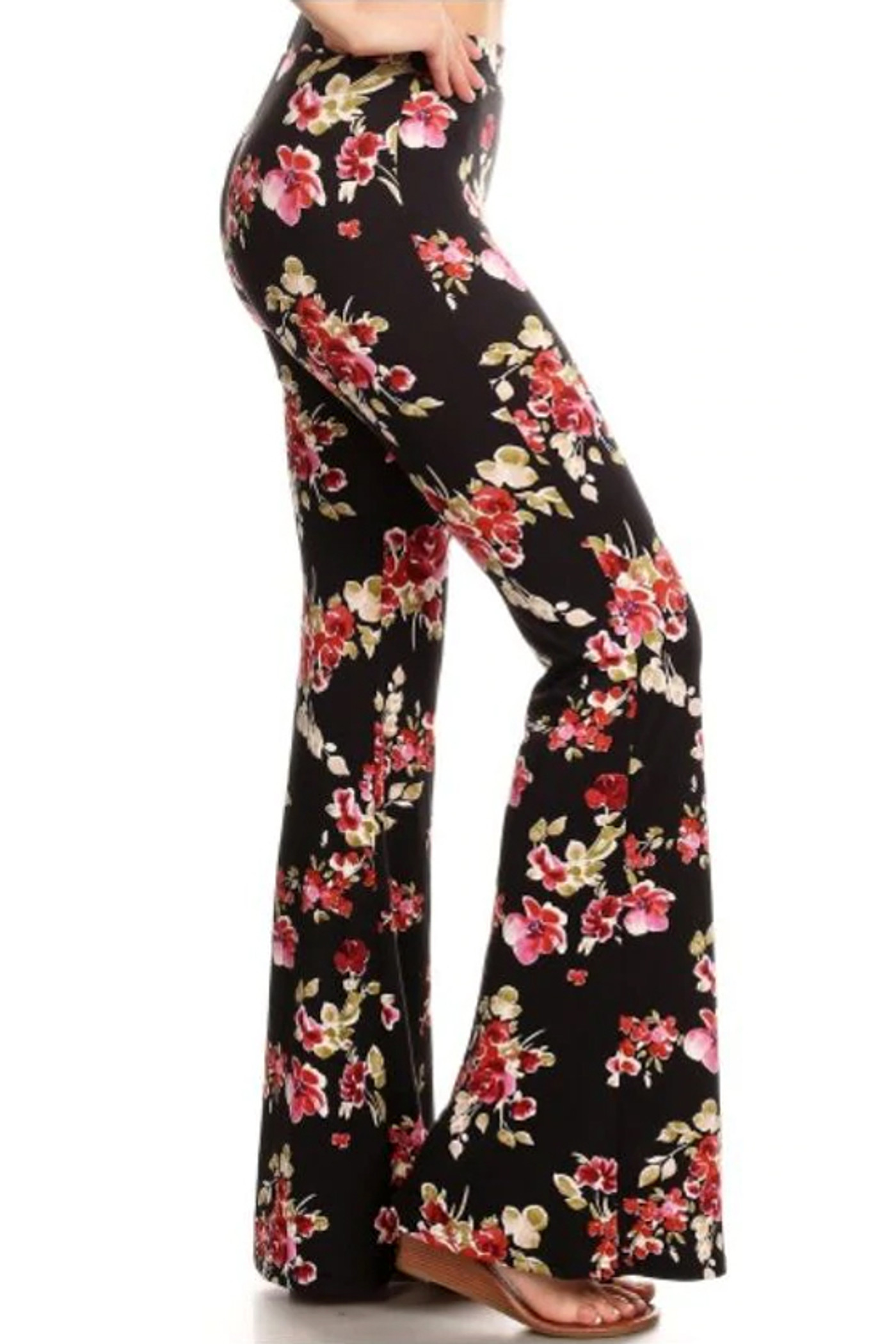XFLWAM Women's Floral Boho Elastic High Waisted Leggings Flare Leg Bell  Bottom Long Wide Leg Pants Trousers Pink S 