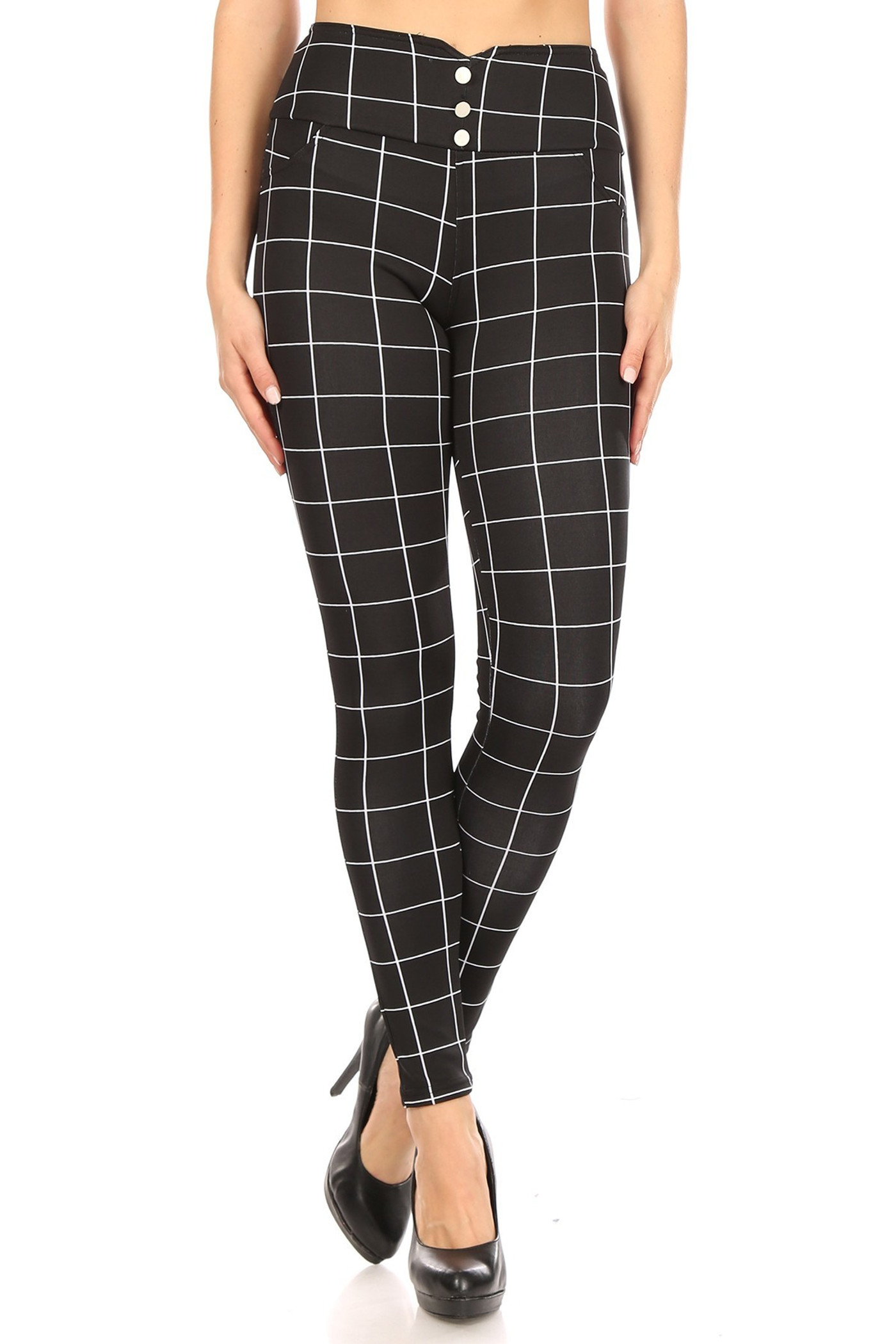 Black and White Grid Print High Waisted Treggings with Button Front