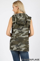 Camouflage Drawstring Waist Military Hoodie Vest with Pockets