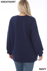 Back view of Navy Round Neck Hi-Low Hem Plus Size Sweatshirt