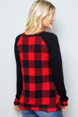 Red Buffalo Plaid Contrast Solid Long Sleeve Plus Size Top