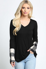 Ivory Plaid Cuff Solid Contrast V Neck Long Sleeve Top