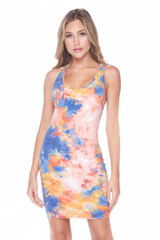 Front of Pink Tie Dye Bodycon Summer Dress with a mini length hem