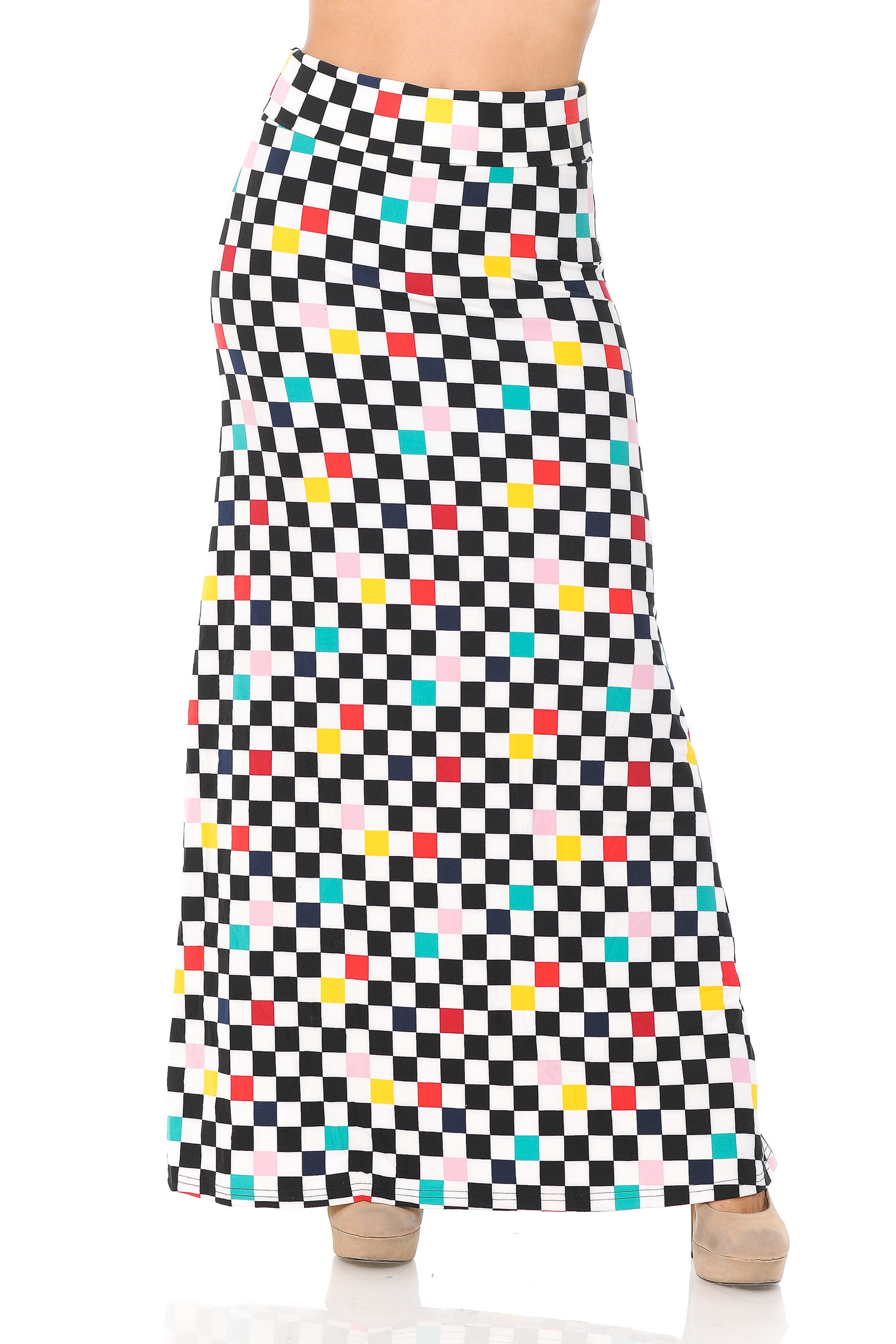 Brushed Color Accent Checkered Maxi Skirt