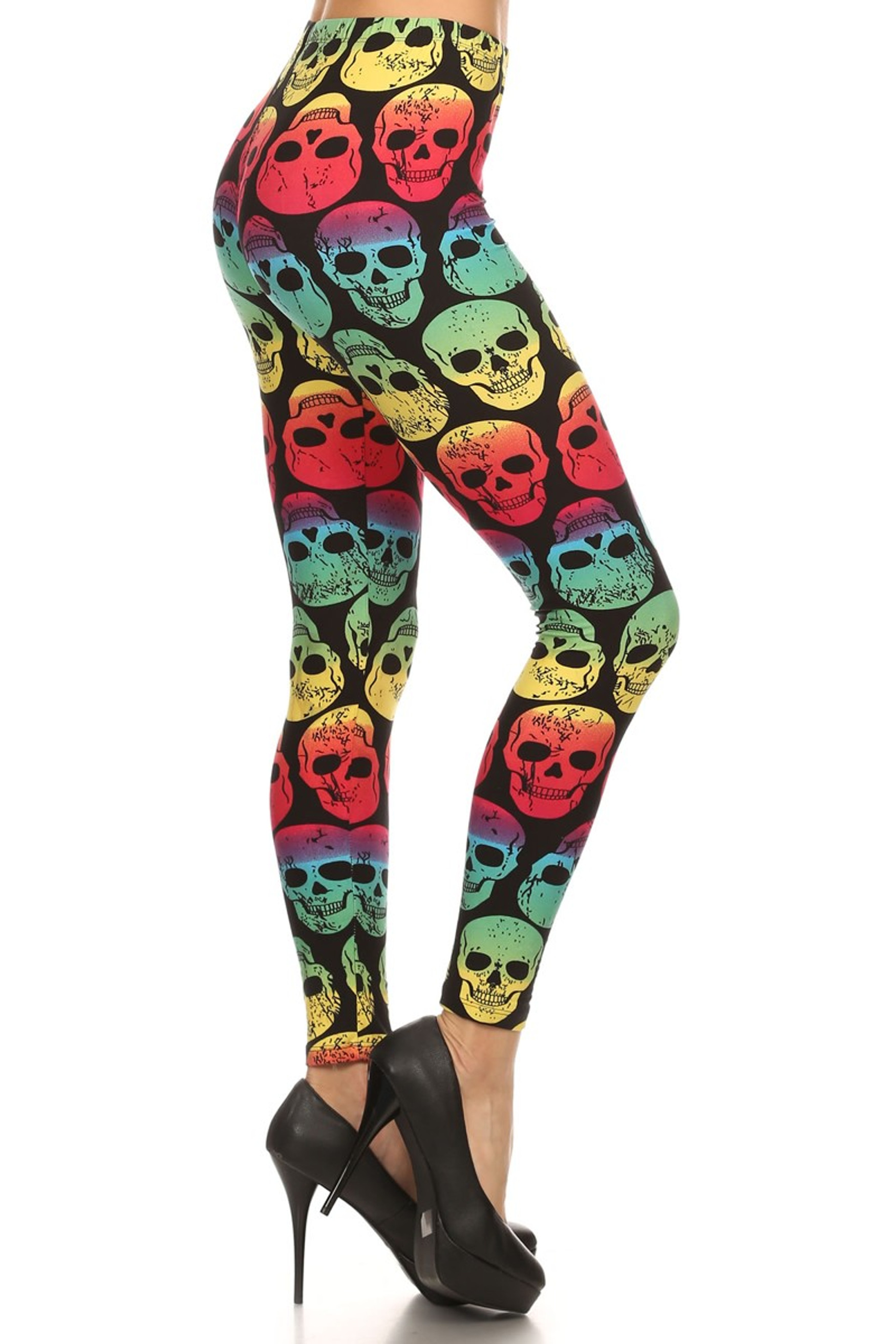 Side Image of Brushed Rainbow Skull Leggings