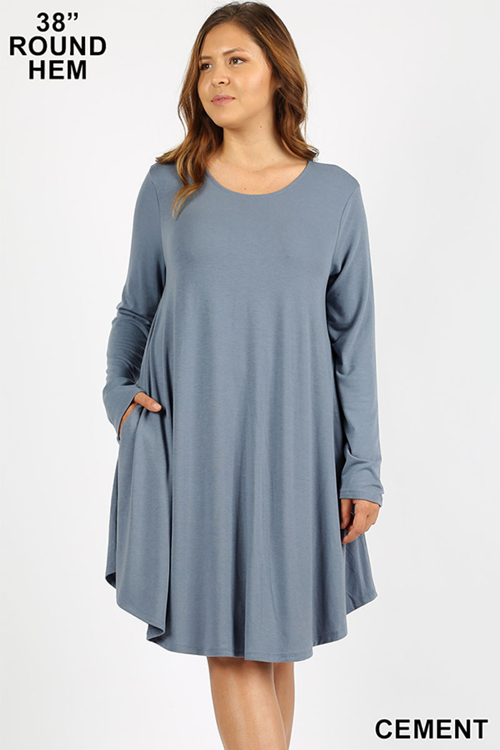 Premium Long Sleeve A-Line Round Hem Plus Size Rayon Tunic with Pockets