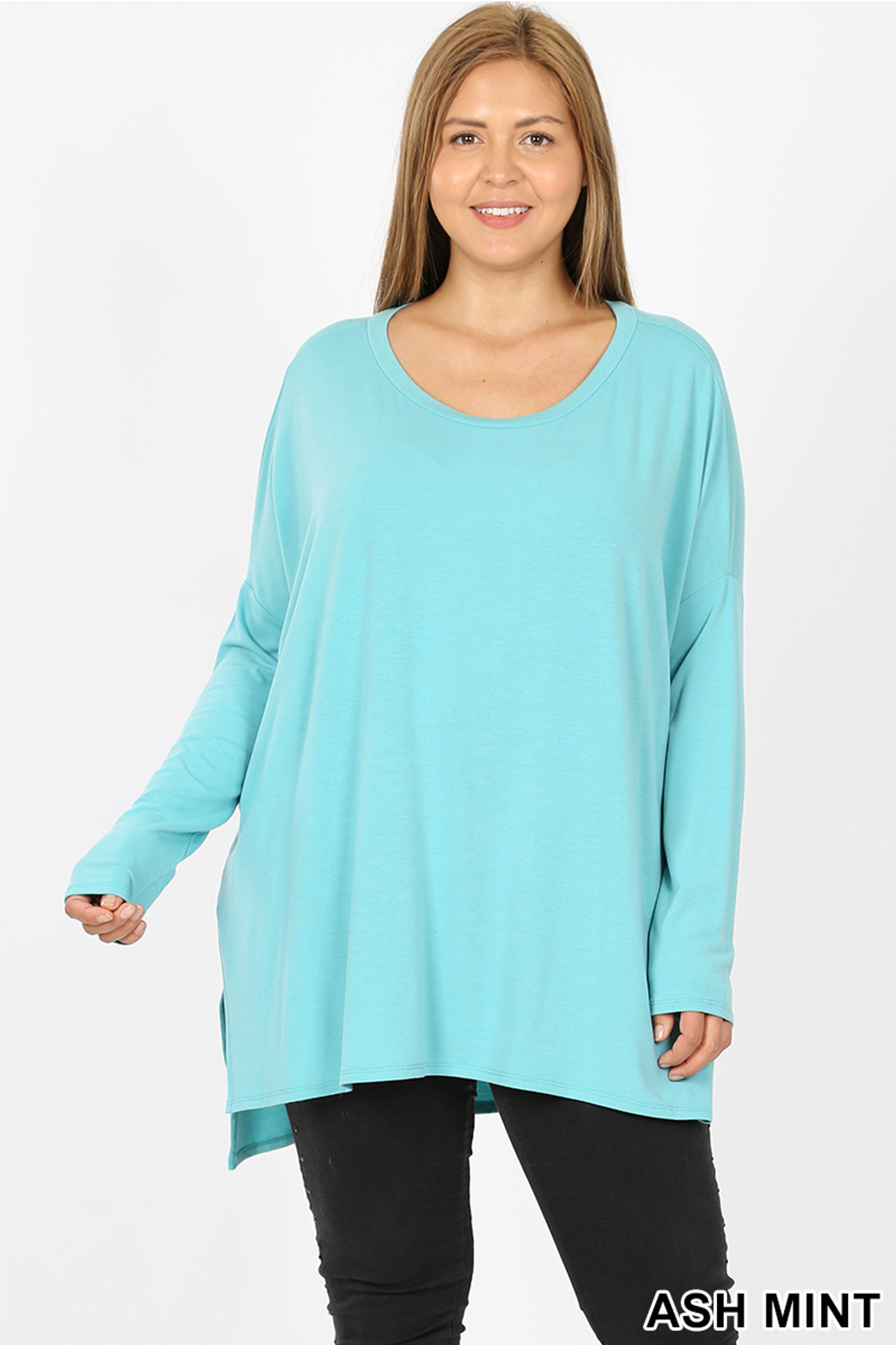 Dolman Sleeve Round Neck Side Cut HI-LOW Hem Plus Size Top