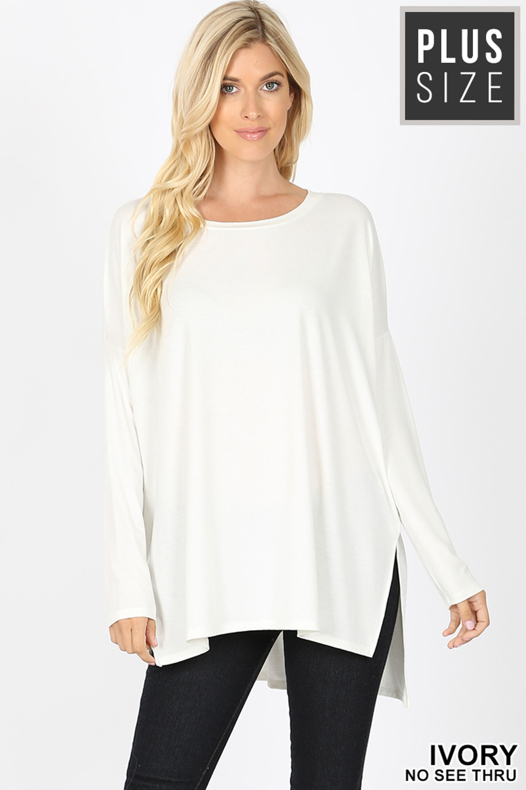 Dolman Sleeve Round Neck Side Cut HI-LOW Hem Plus Size Top