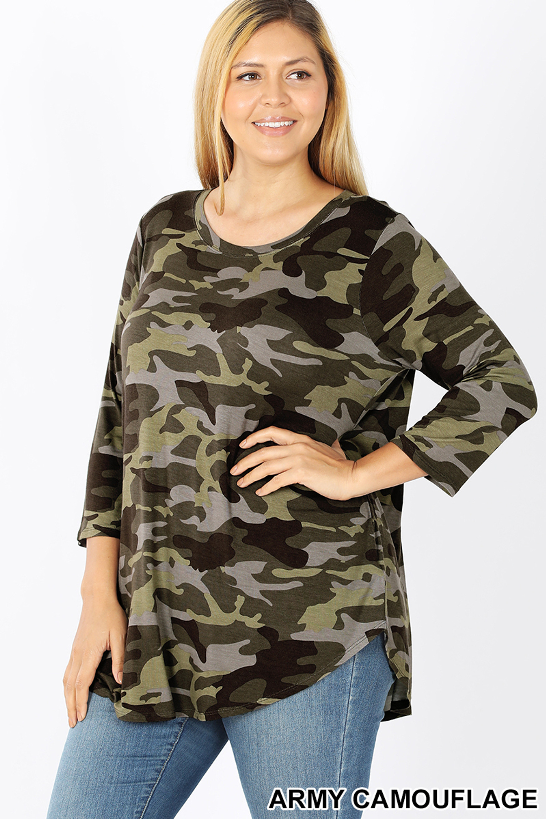 Rayon Camouflage 3/4 Sleeve Round Neck & Hem Top