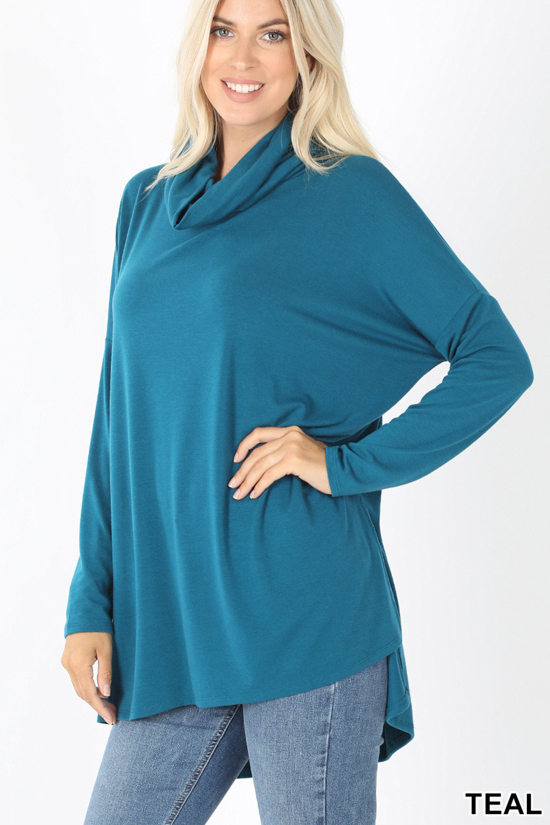 45 Degree Front image of Teal Cowl Neck Hi-Low Long Sleeve Top