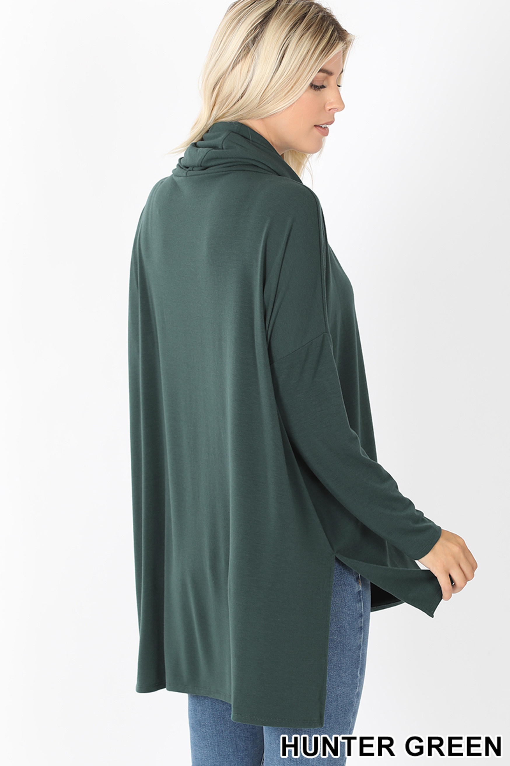 45 Degree Rear Facing Image of Hunter Cowl Neck Hi-Low Long Sleeve Plus Size Top