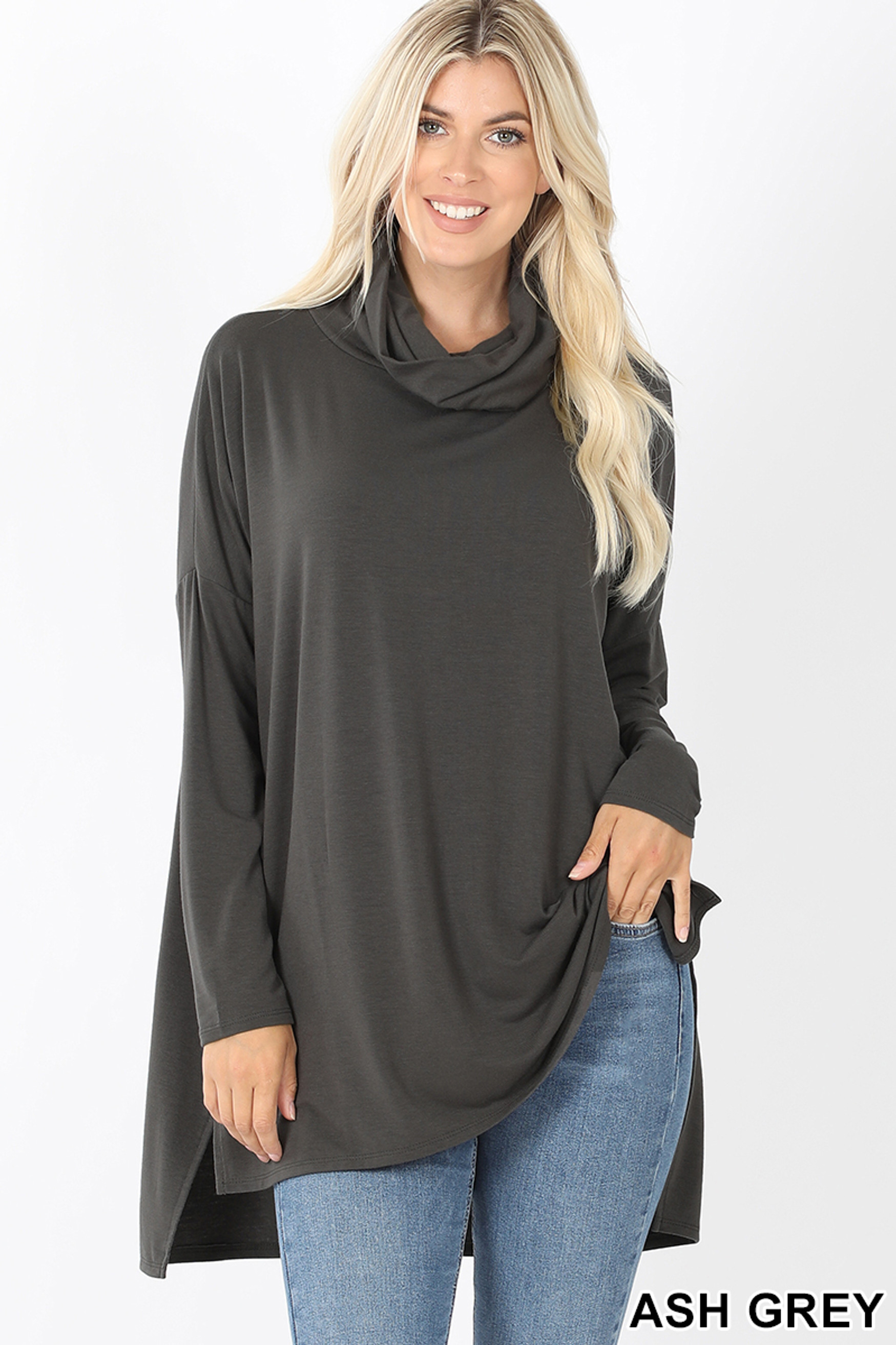 Front image of Ash Grey Cowl Neck Hi-Low Long Sleeve Plus Size Top