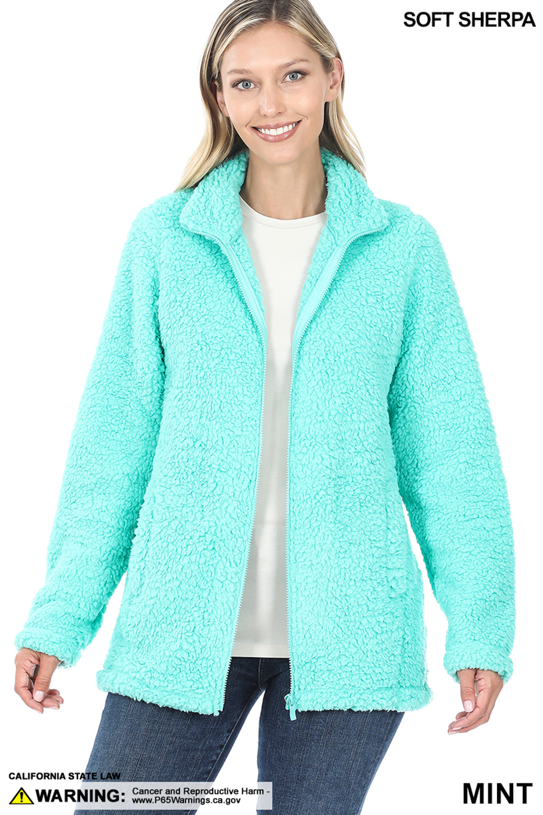 Front Unzipped image of Mint Sherpa Zip Up Jacket with Side Pockets