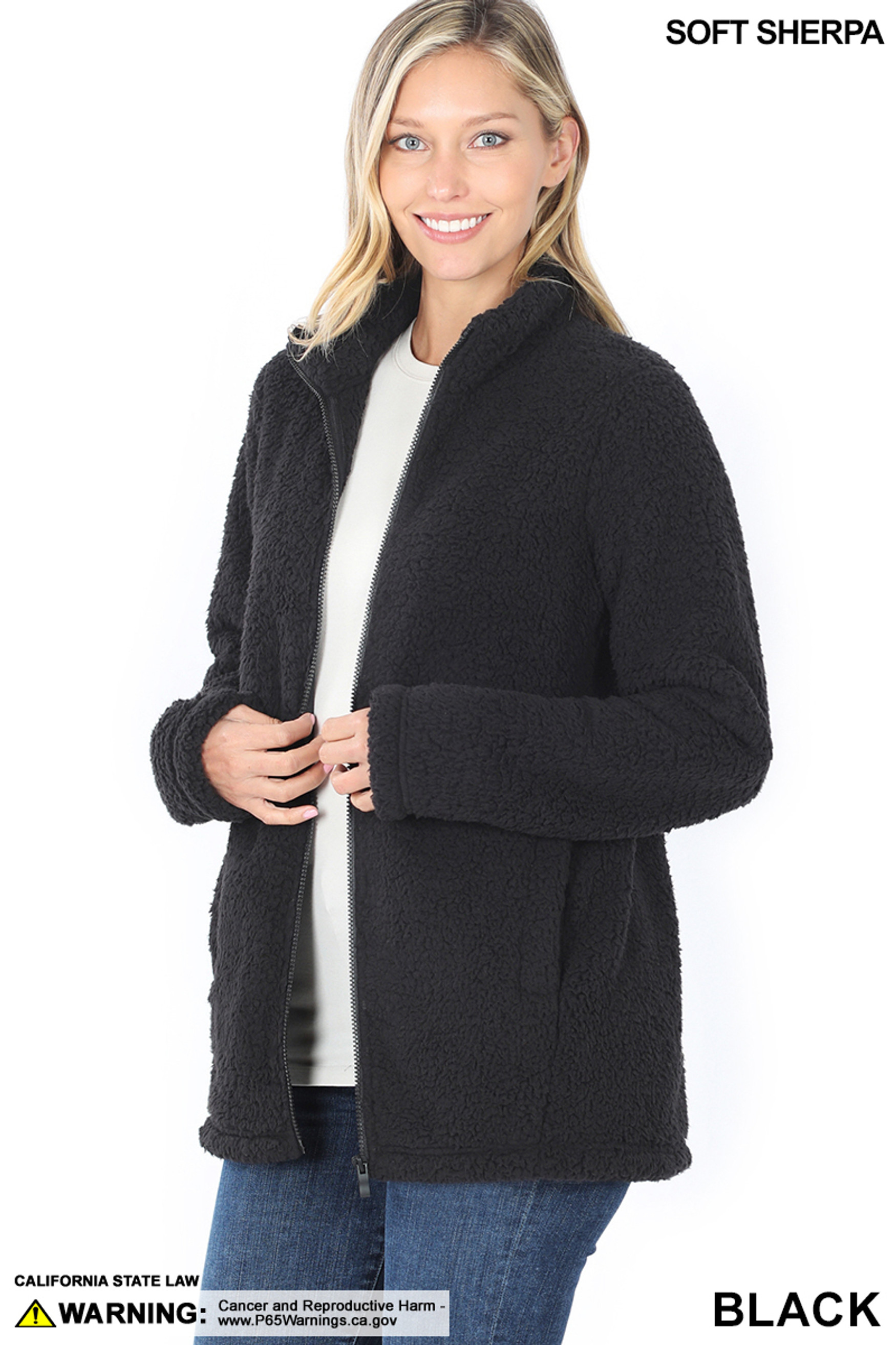 45 degree Unzipped image of Black Sherpa Zip Up Jacket with Side Pockets