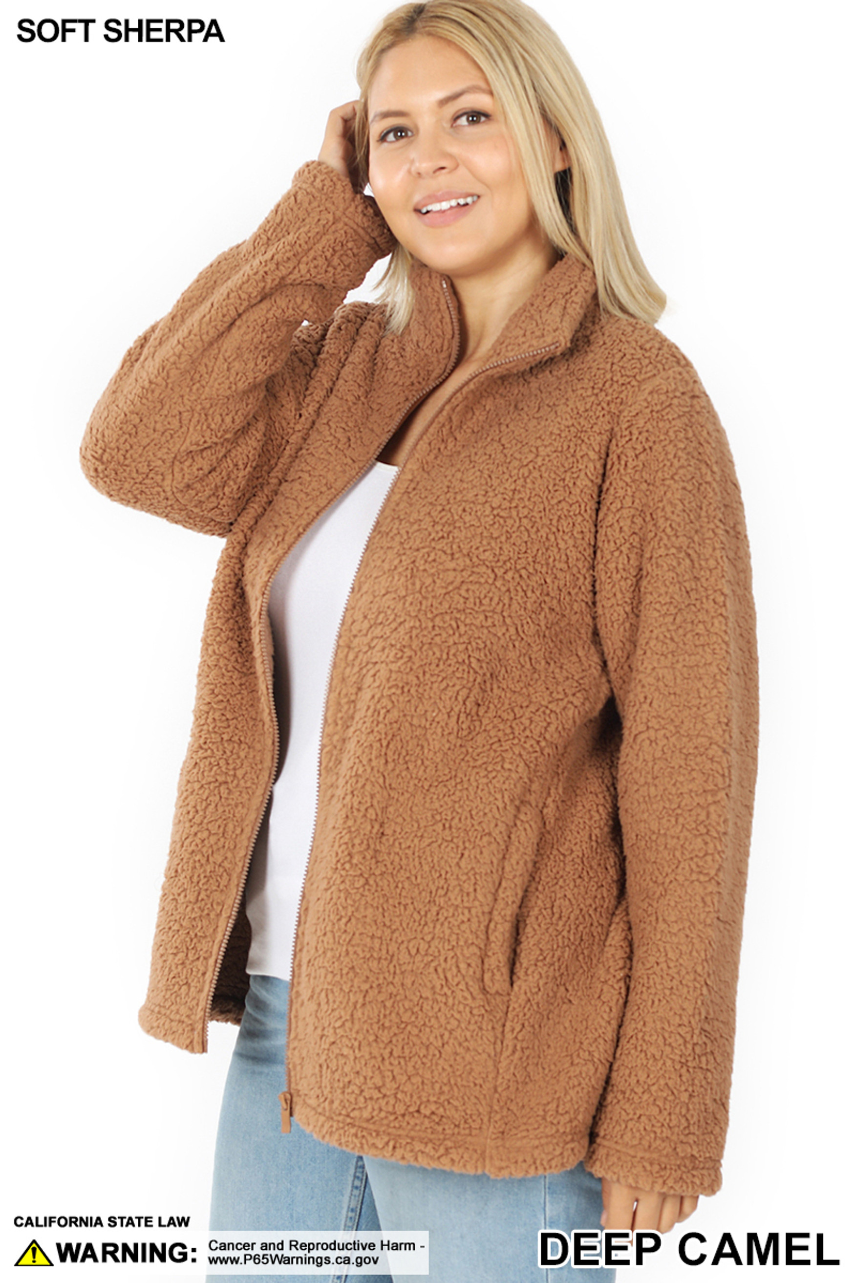45 degree unzipped image of Deep Camel Sherpa Zip Up Plus Size Jacket with Side Pockets