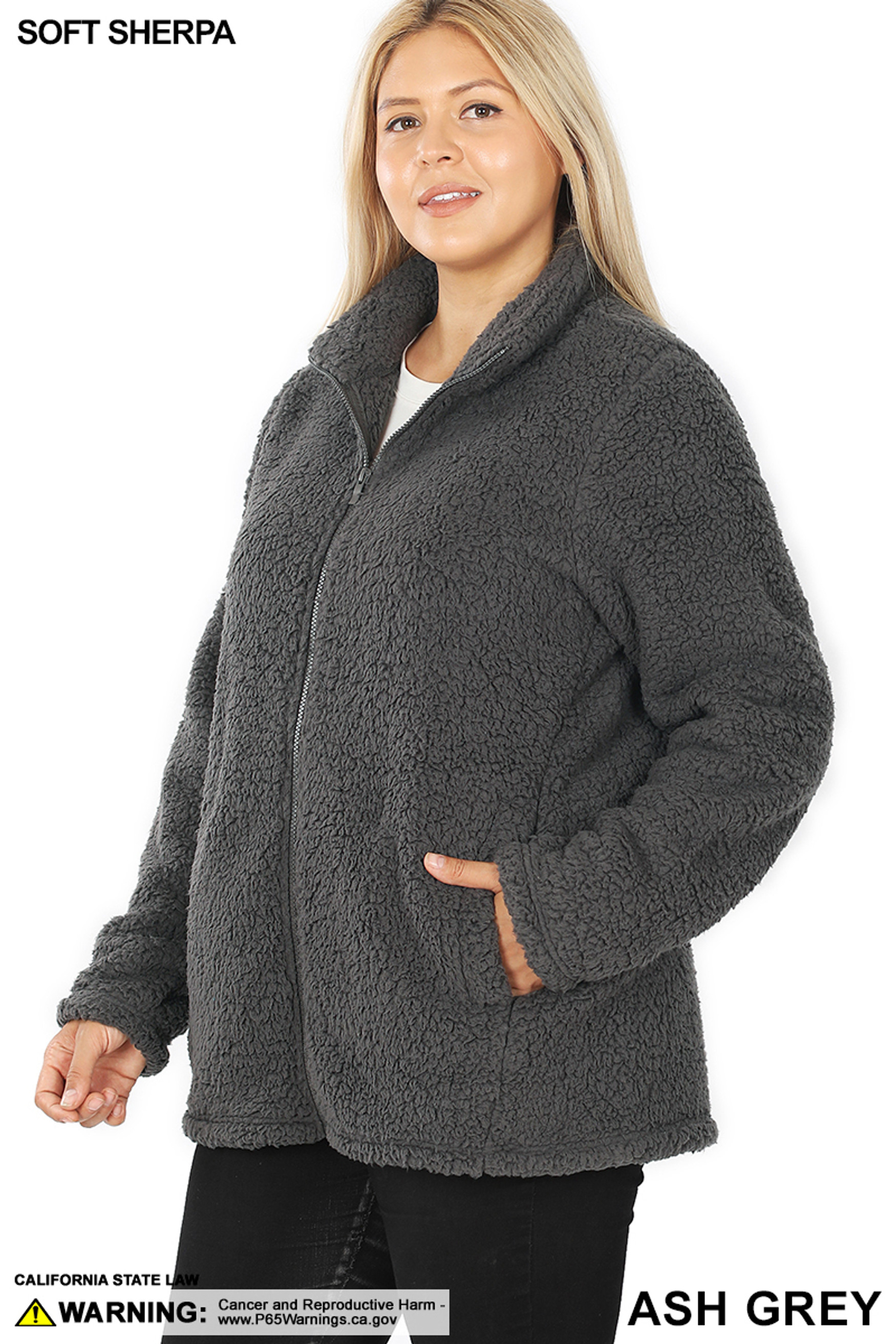 45 degree image of Ash Grey Sherpa Zip Up Plus Size Jacket with Side Pockets