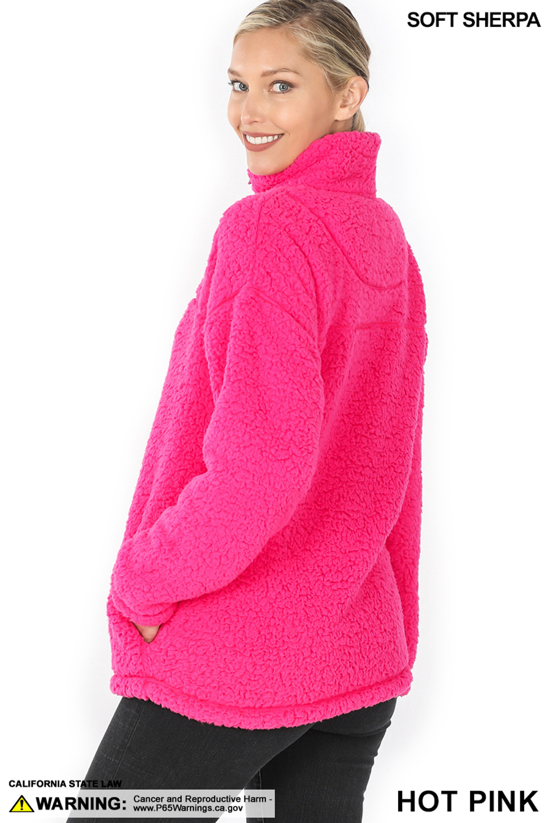 Left side image of Hot Pink Sherpa Half Zip Pullover with Side Pockets
