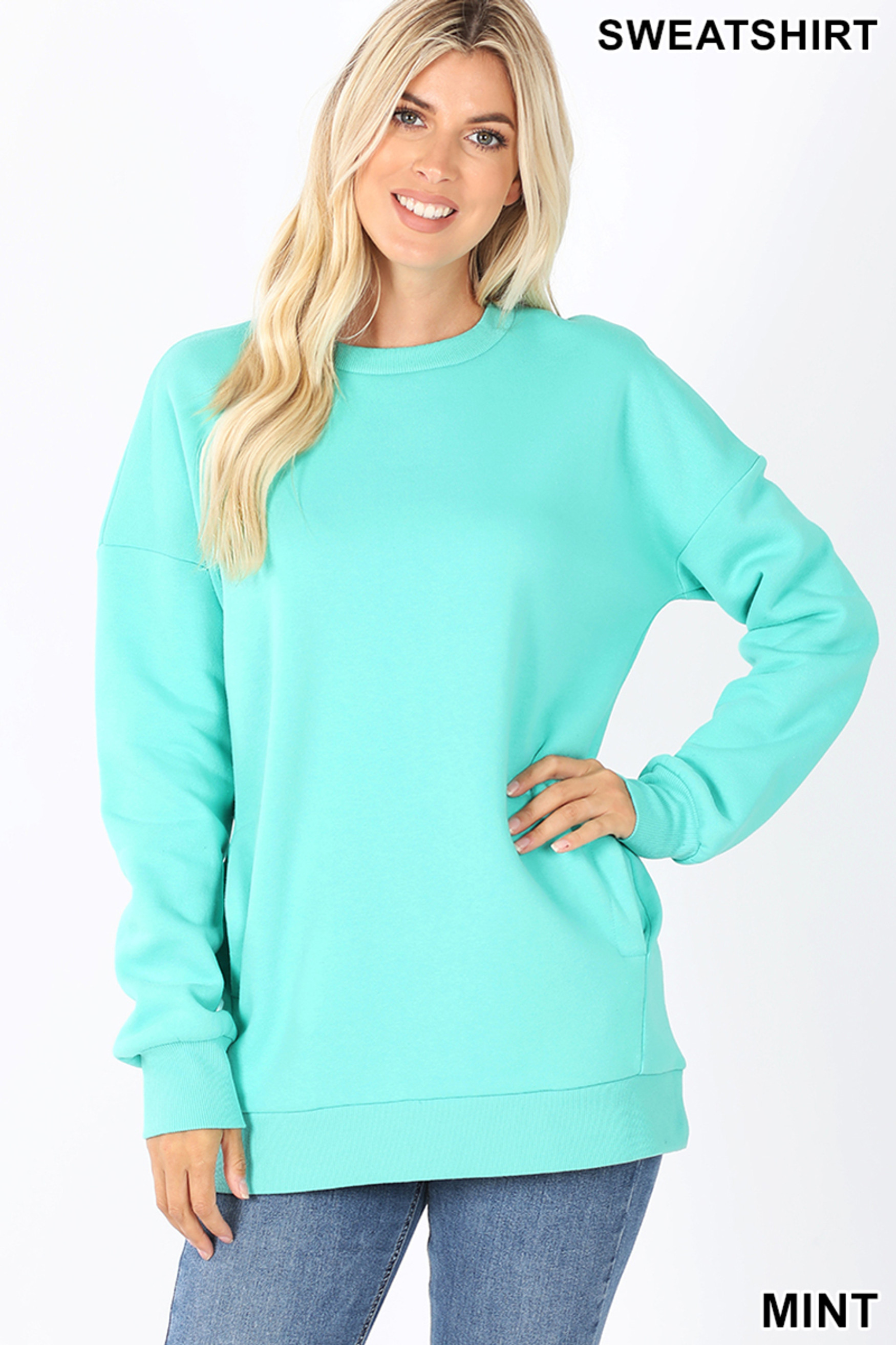 Front image of Mint Round Crew Neck Sweatshirt with Side Pockets