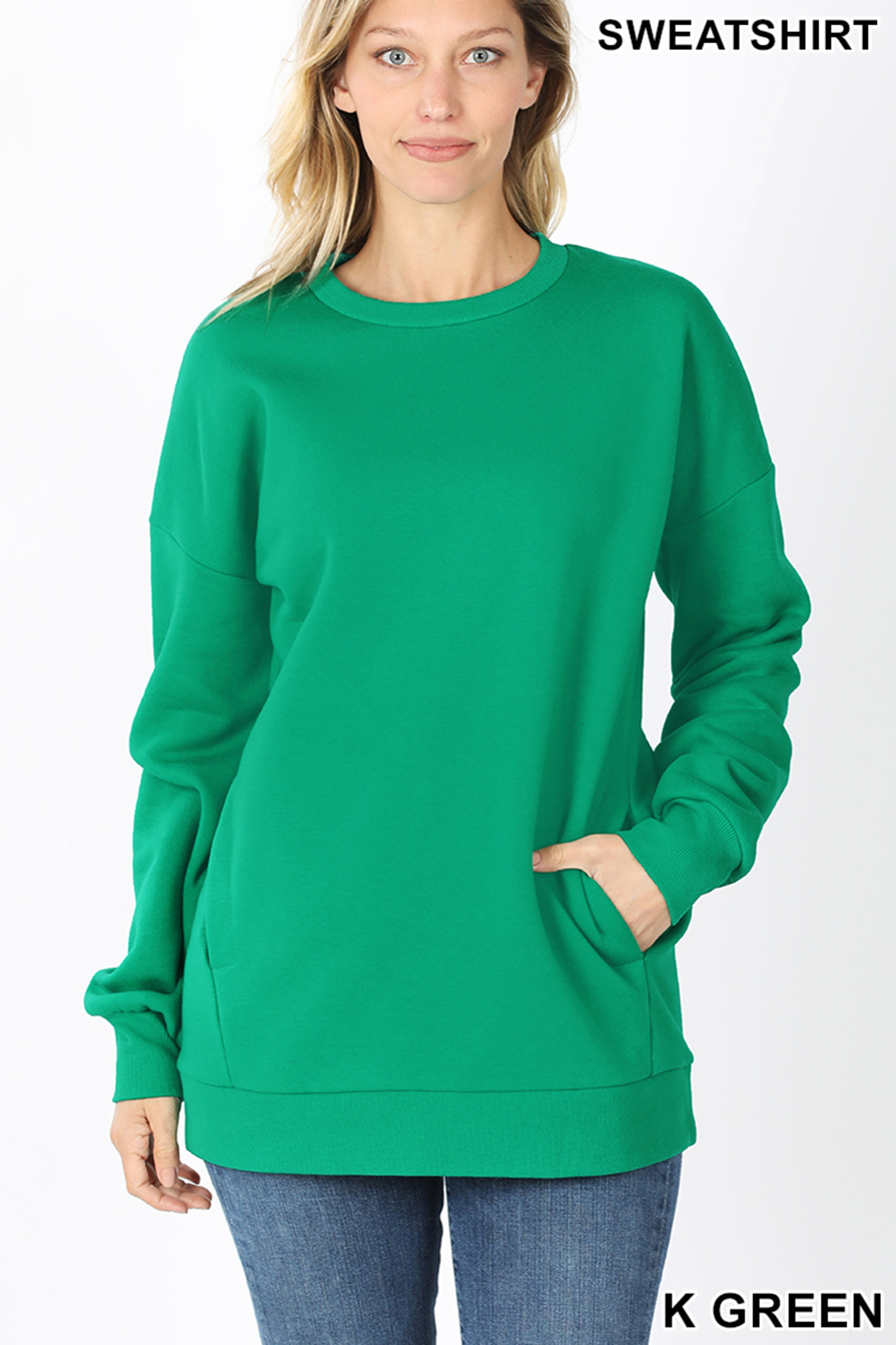 Front image of Kelly Green Round Crew Neck Sweatshirt with Side Pockets