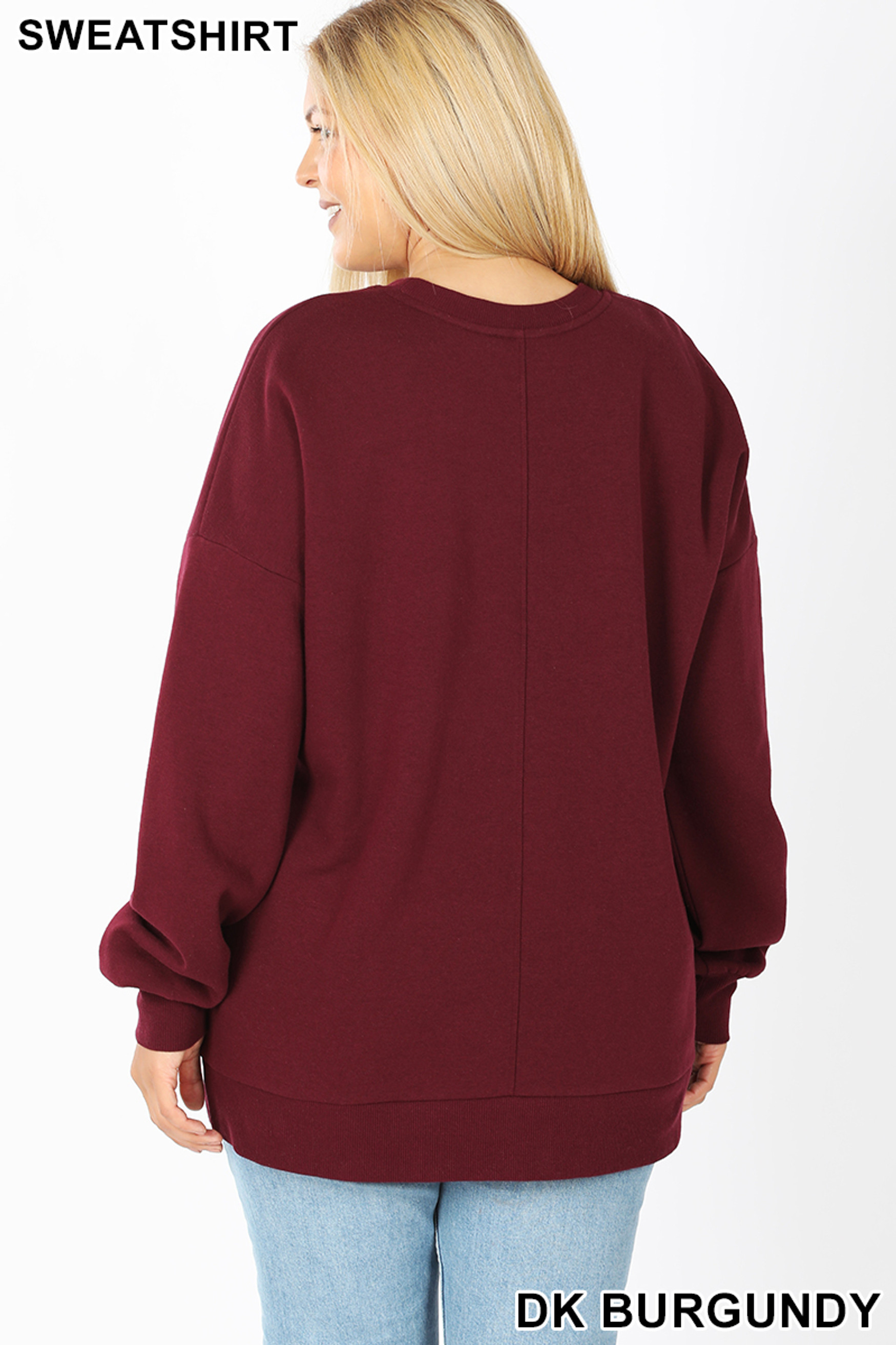 Back image of Dark Burgundy Cotton Round Crew Neck Plus Size Sweatshirt with Side Pockets
